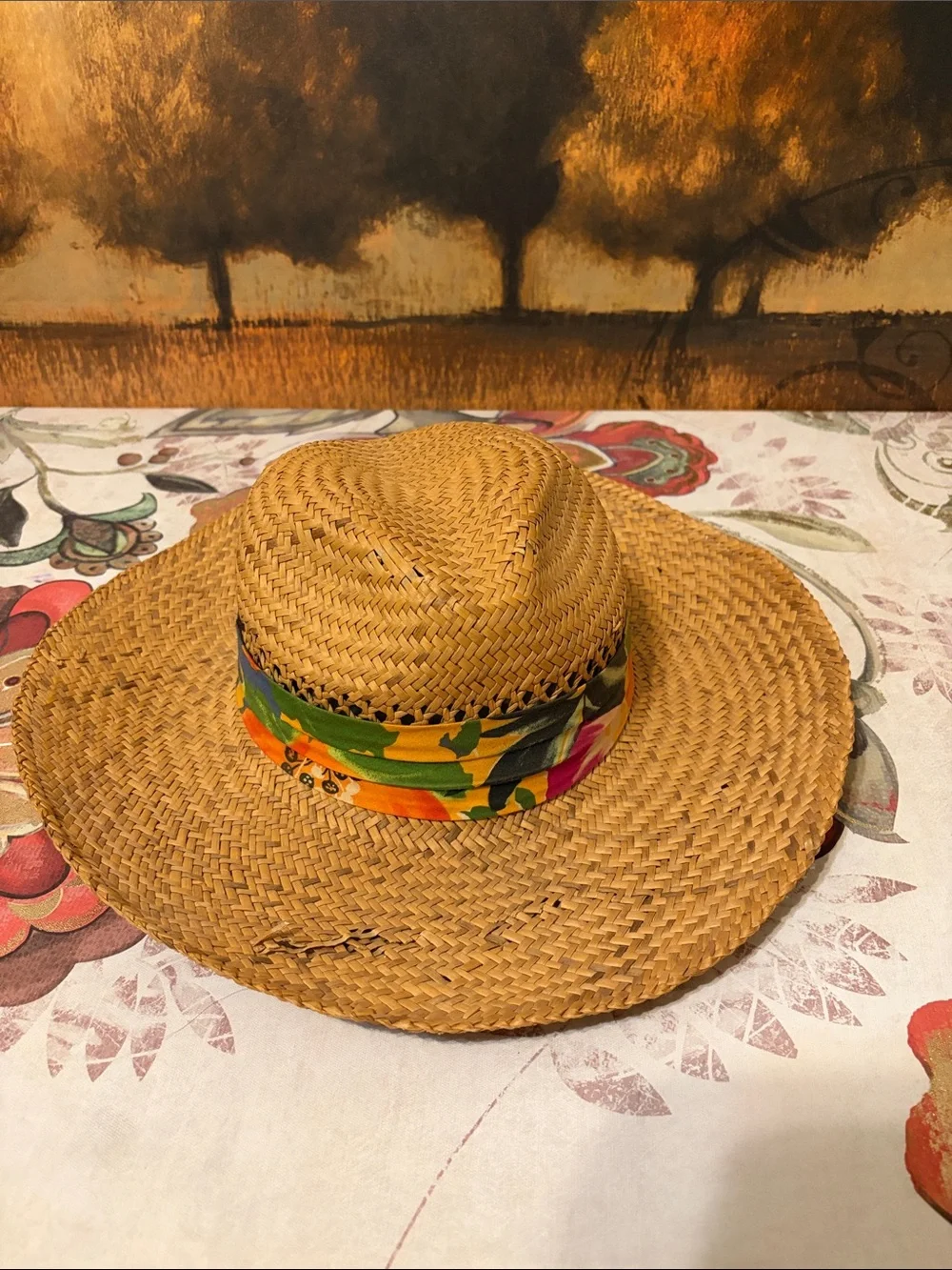 Straw Wide-Brim Sun Hat with Orange Scarf Accent